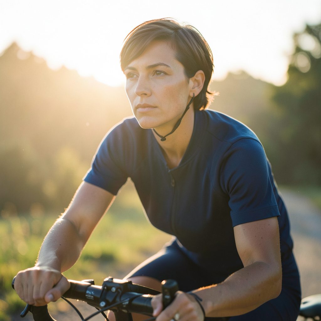 Portrait of a female cyclist with short hair, warm natural light